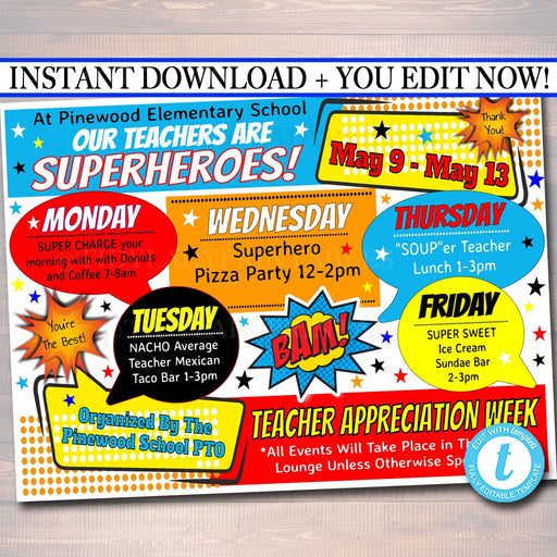 EDITABLE Superhero Teacher Appreciation Week Itinerary Poster, Digital File, Appreciation Week Schedule Events, INSTANT DOWNLOAD Printables
