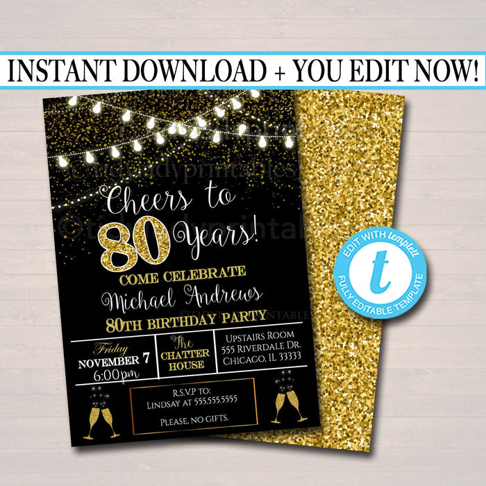 80th Party Invitation, Birthday Printable Cheers to Eighty Years,  80th Company Office Anniversary Invite Black & Gold Party