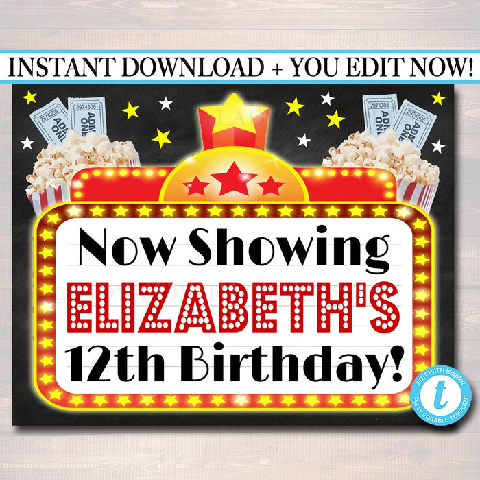 Movie Marquee Personalized Printable Sign, Hollywood Themed Decor,  File, Cinema Movie Star Birthday Party,