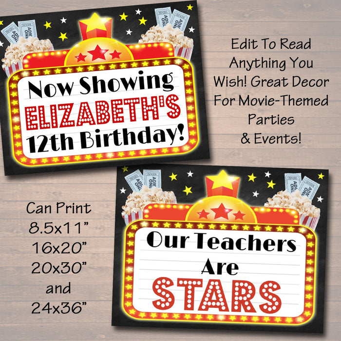 Movie Marquee Personalized Printable Sign, Hollywood Themed Decor,  File, Cinema Movie Star Birthday Party,