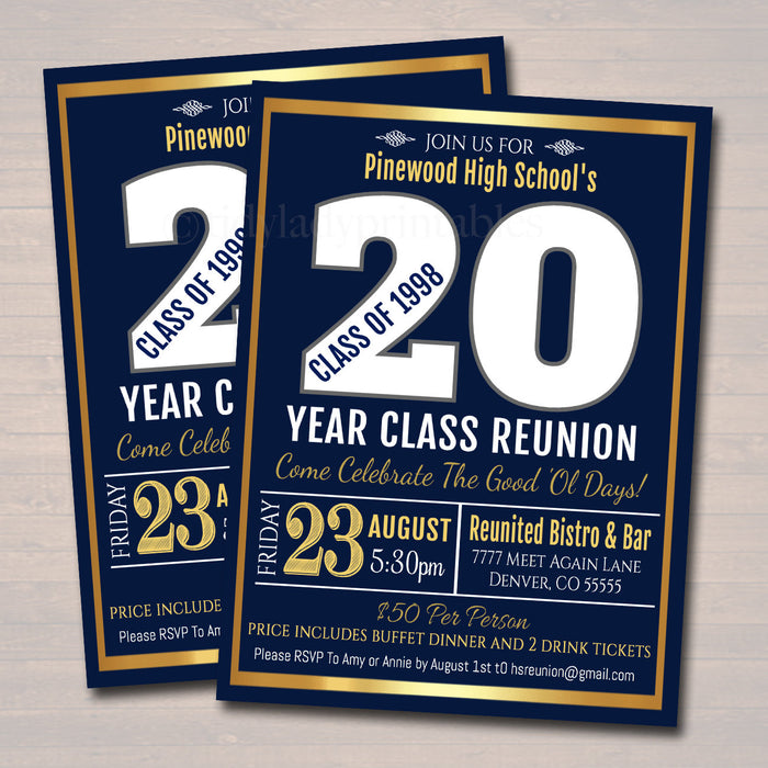 Reunion Invitation Template - Any Year! Any School Colors! College, High School Reunion Faux gold foil Invite