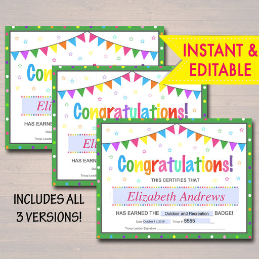 EDITABLE Certificates, Badge, Patch and Award Certificate Templates, INSTANT Download, Brownie, Junior Troop Leader, Scout Printables Daisy