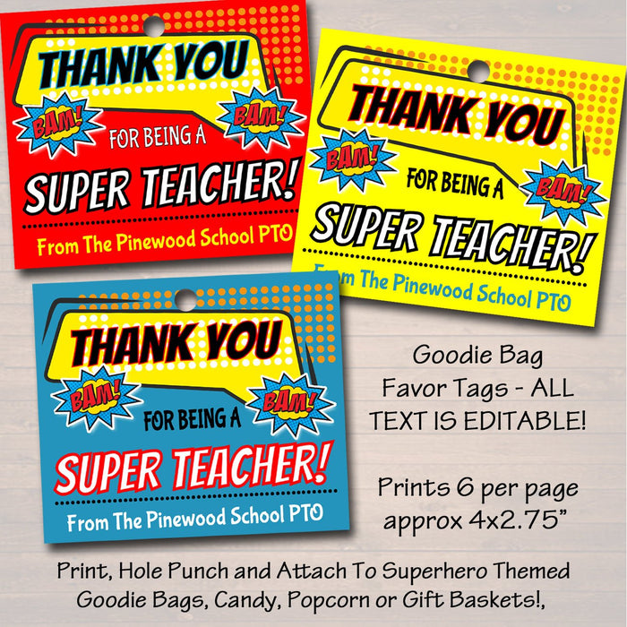 Superhero Theme Teacher Appreciation Favor Tags - Printable