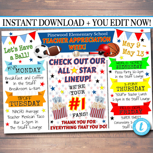 EDITABLE Sports All Star Vip Teacher Appreciation Week Itinerary Poster, Digital File, Appreciation Week Schedule Events, INSTANT DOWNLOAD
