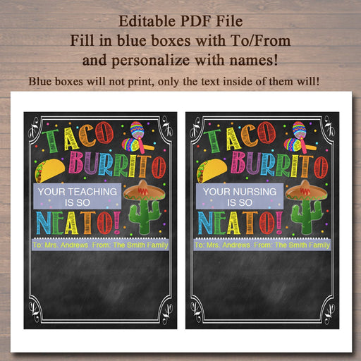 EDITABLE Fiesta Gift Card Holder, Teacher Gift, Staff Taco Burrito Gift, INSTANT DOWNLOAD, Printable Teacher Appreciation, Gift From Student