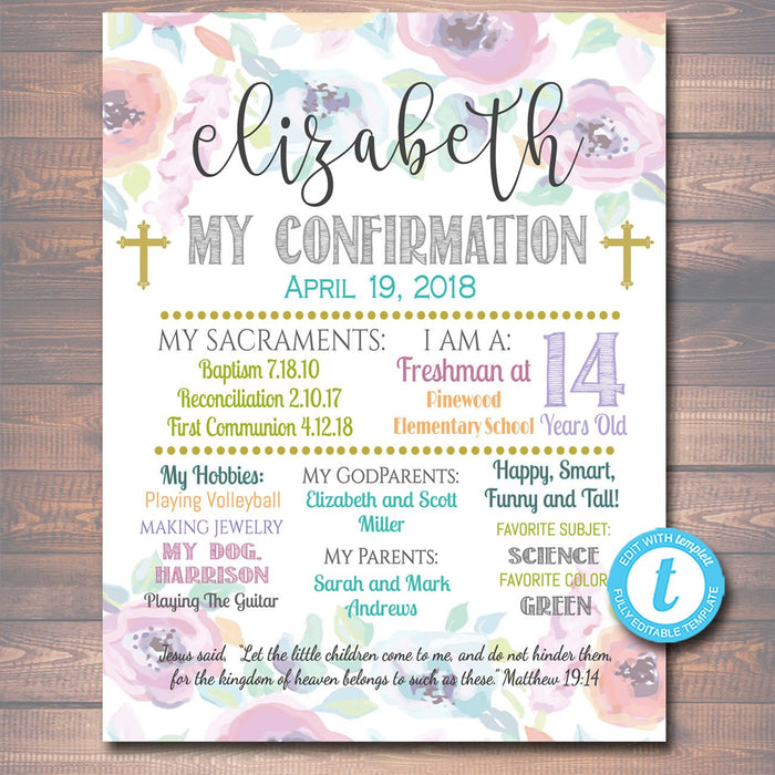 EDITABLE Confirmation Floral Poster, Religous Christian Sacrament Party Decor Girl First Communion Baptism Sign Digital INSTANT DOWNLOAD