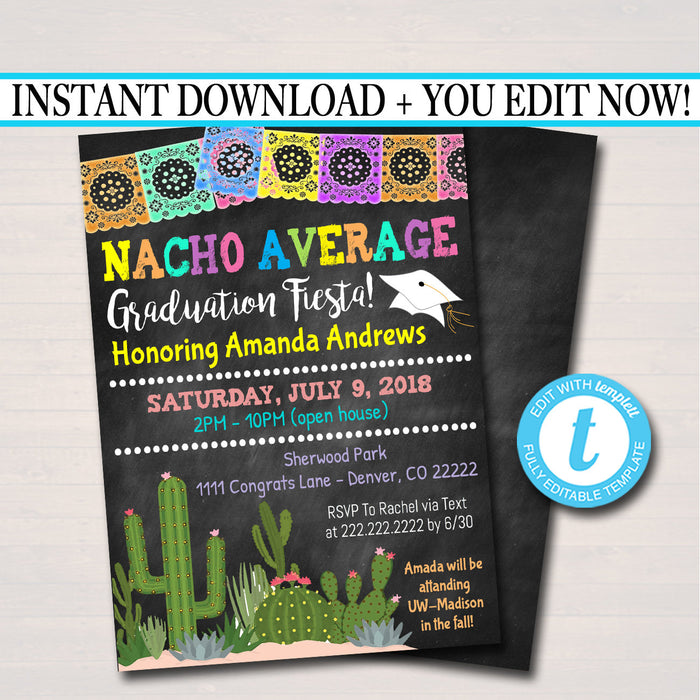 Fiesta Nacho Average Graduation Invitation, Chalkboard Printable College Graduate Taco High School Senior Graduate