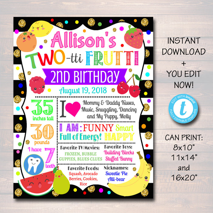EDITABLE Two-tti Frutti Party Birthday Poster, Girls Toddler 2 Year Old Party Digital Banner Sign Tutti Fruti Summer Party, INSTANT DOWNLOAD