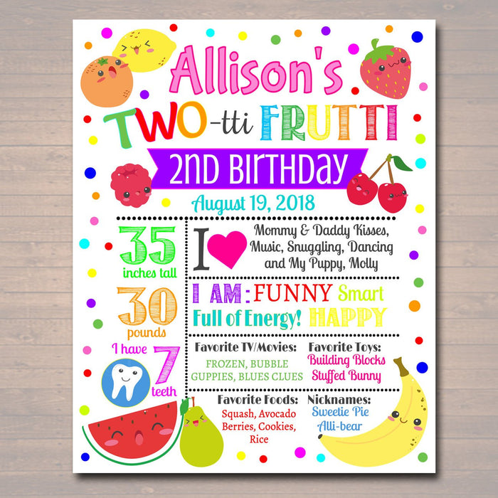 EDITABLE Two-tti Frutti Birthday Milestone Poster, Girls Toddler 2 Year Old Party Digital Banner Tutti Fruti Summer Party, INSTANT DOWNLOAD