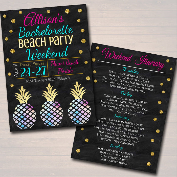 Beach Party Bachelorette Party Invitation, Glitter Gold, Watercolor Pineapple Boho Chic, Girls Weekend Itinerary