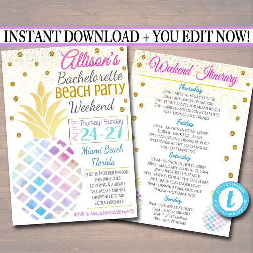 EDITABLE Beach Party Bachelorette Party Invitation, Glitter Gold, Watercolor Pineapple Boho Chic, Girls Weekend Itinerary INSTANT DOWNLOAD