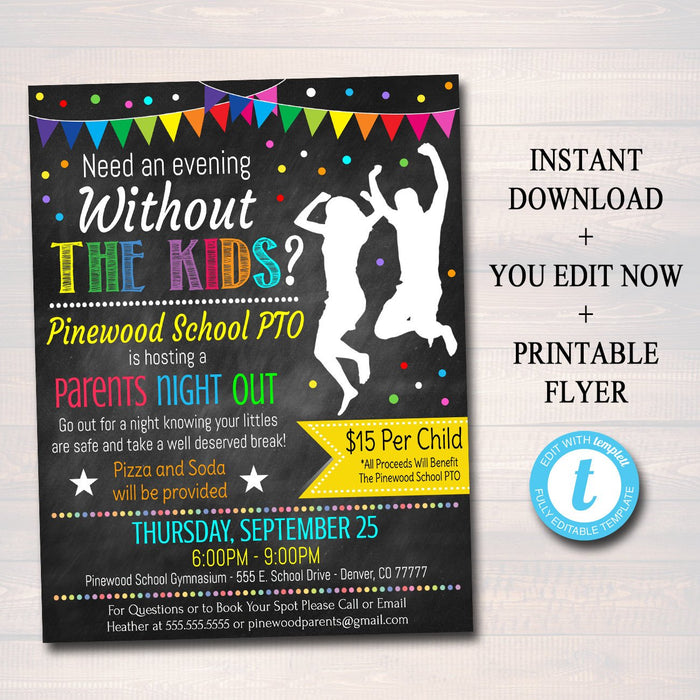 Parents Night Out Invite & Flyer - School Family Fundraiser Event - Editable DIY Template