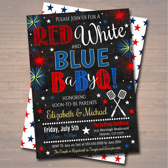 Fourth of July Party, Red White Baby-Q BBQ Picnic Invitation, Baby Sprinkle, Couples Baby Shower, Grill Out Celebration 4th of July