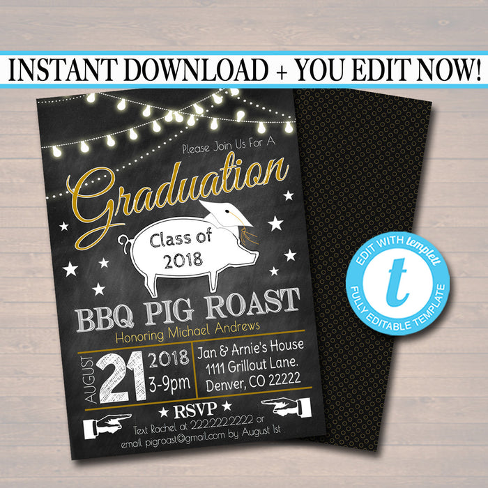 Pig Roast Graduation Invitation Chalkboard Printable  College Grad Invite, Guy, Man Senior Grad Party, Grill & Chill BBQ