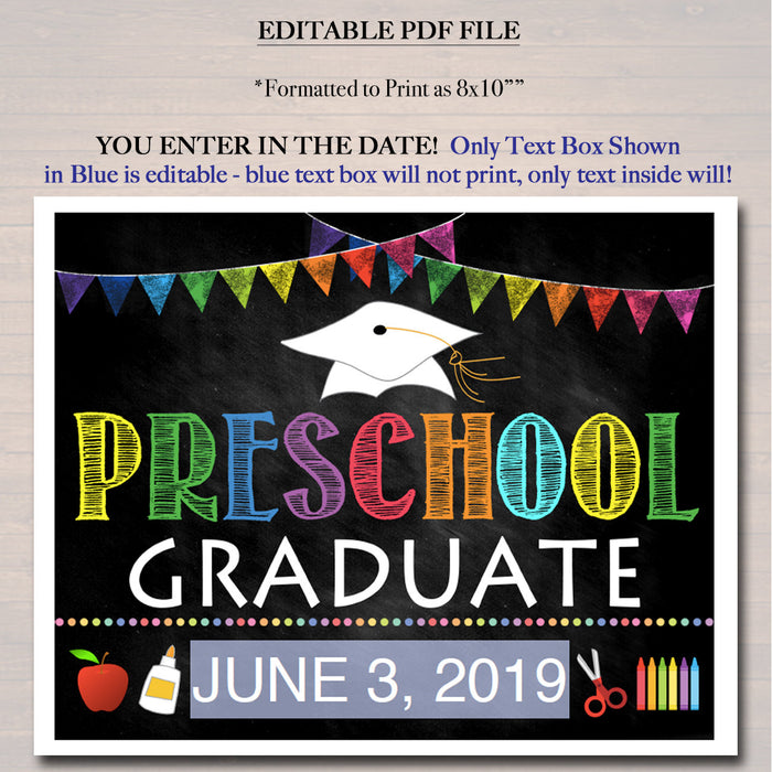 EDITABLE DATE Preschool Graduation Photo Prop, End of School Chalkboard Poster, Last Day of Preschool Printable Sign, DIY Instant Download
