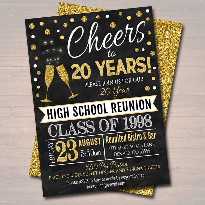 Class Reunion Invitation Template - Any Year!  College Reunion, High School Reunion Party Lights Faux chalkboard