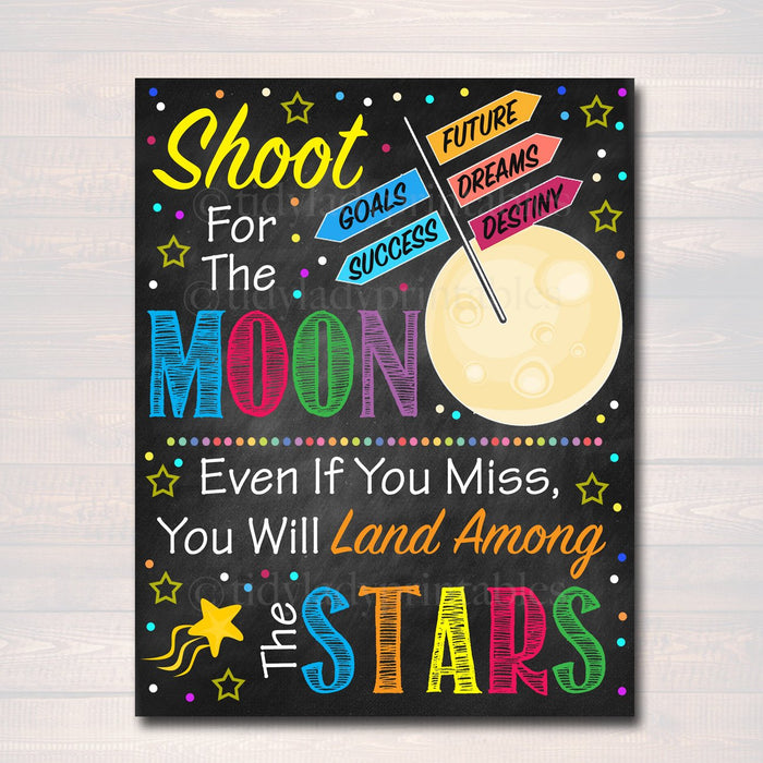 Shoot For The Moon, Land Among The Stars School Counselor Poster, Office Decor Classroom, Social Worker, Outer Space Theme Class Printable