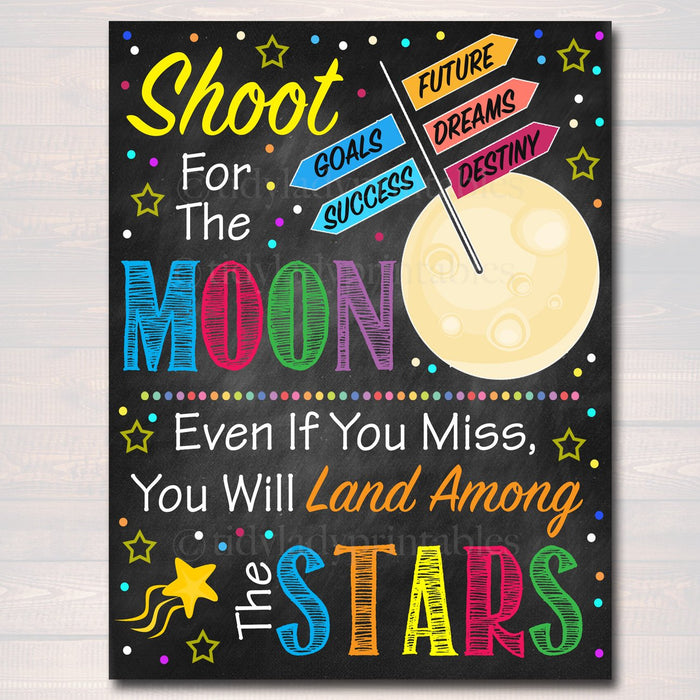 Shoot For The Moon, Land Among The Stars School Counselor Poster, Office Decor Classroom, Social Worker, Outer Space Theme Class Printable