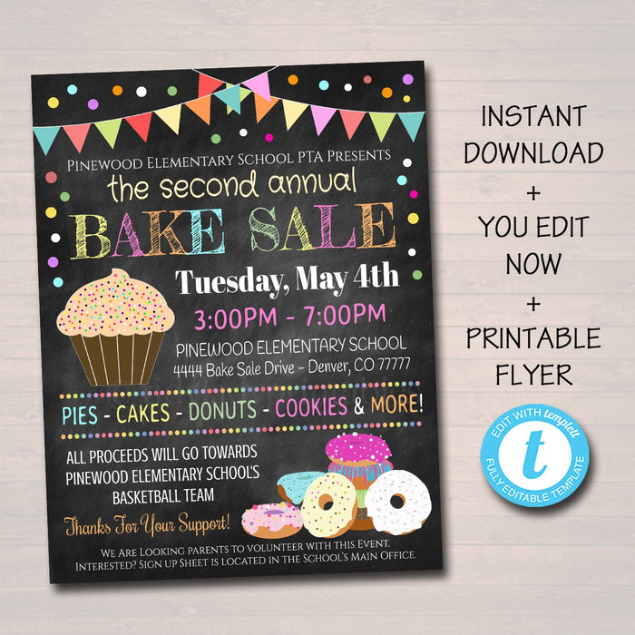 Bake Sale Event Flyer - School Family Fundraiser - Editable DIY Template
