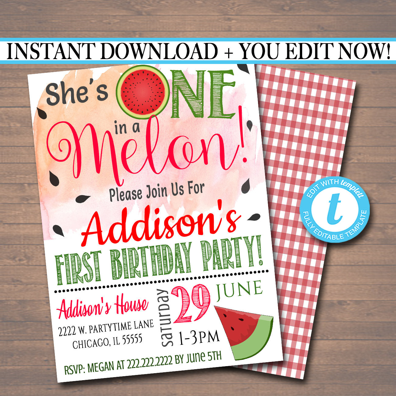 One In A Melon Party Birthday Invitation Girls First