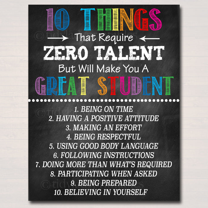 Classroom Decor - 10 Things Zero Talent - Classroom Management Printable
