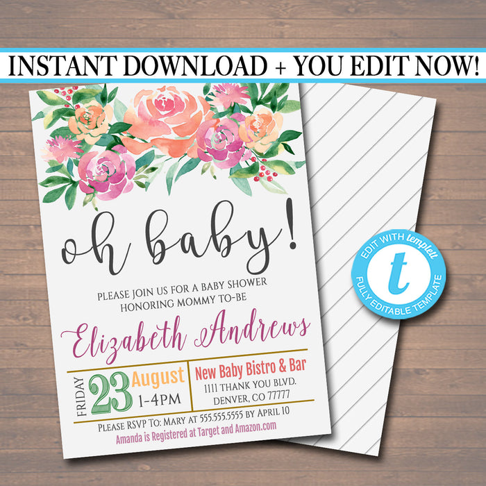 Oh Baby! Baby Shower Invitation - Editable Template
