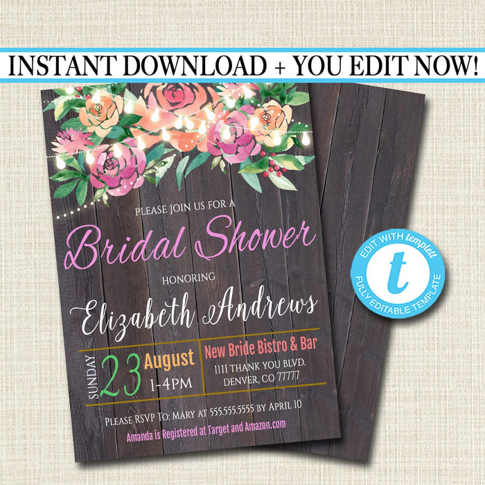 Rustic Floral Bridal Shower Invitation, String Party Lights Wedding Invite, Country Wood Engagement Party Wedding,