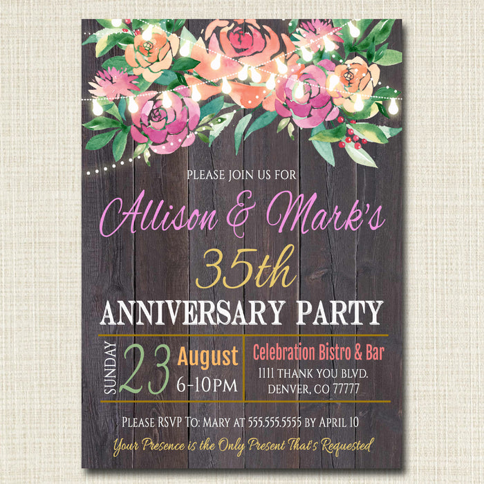 Rustic Floral Anniversary Party Invitation String Party Lights Wedding Invite, Country Wood Any Year Wedding Party