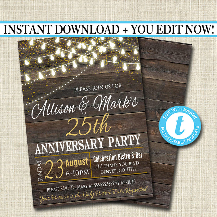 Rustic Wood Anniversary Party Invitation String Party Lights Wedding Invite, Country Wood Any Year Wedding Party
