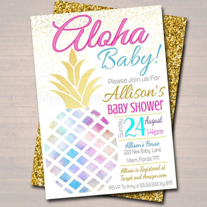 EDITABLE Baby Shower Invitation, Aloha Baby, Glitter Gold Watercolor Pineapple Boho Chic, Baby Sprinkle Couples Shower Diy INSTANT DOWNLOAD