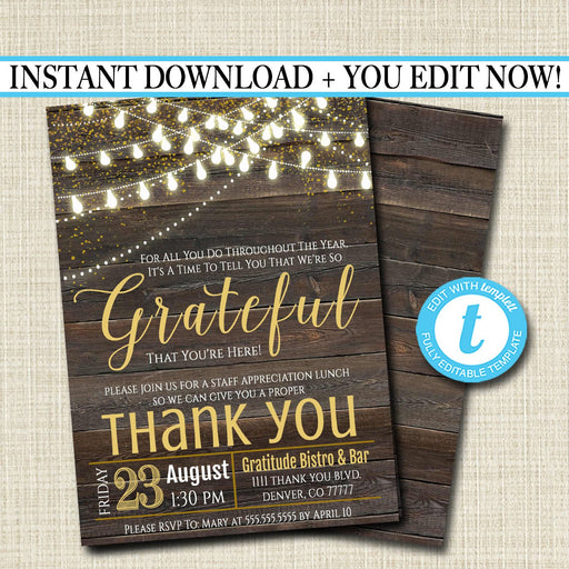 Editable Appreciation Invitation, Grateful For You Teacher Staff Invitation, Rustic Wood Printable, Boss Client Thank You, INSTANT DOWNLOAD