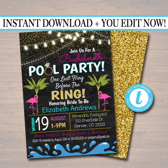 Pool Party Bachelorette Party Invitation, Glitter Gold Flamingo Backyard Party, Weekend Palm Beach Tropical,