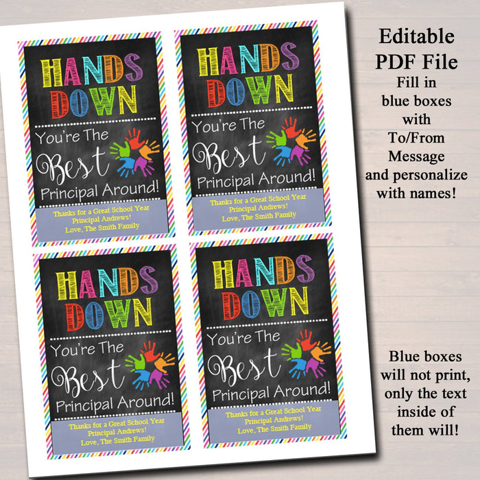 EDITABLE Soap Label Tags, End of School Year Principal Gift INSTANT DOWNLOAD Printable Teacher Appreciation Hands Down Best Principal Around