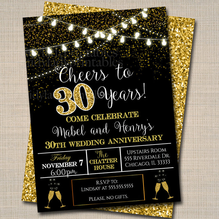 30th Party Invitation, Birthday Printable Cheers to Thirty Years,  30th Wedding Anniversary Invite, Black & Gold Party