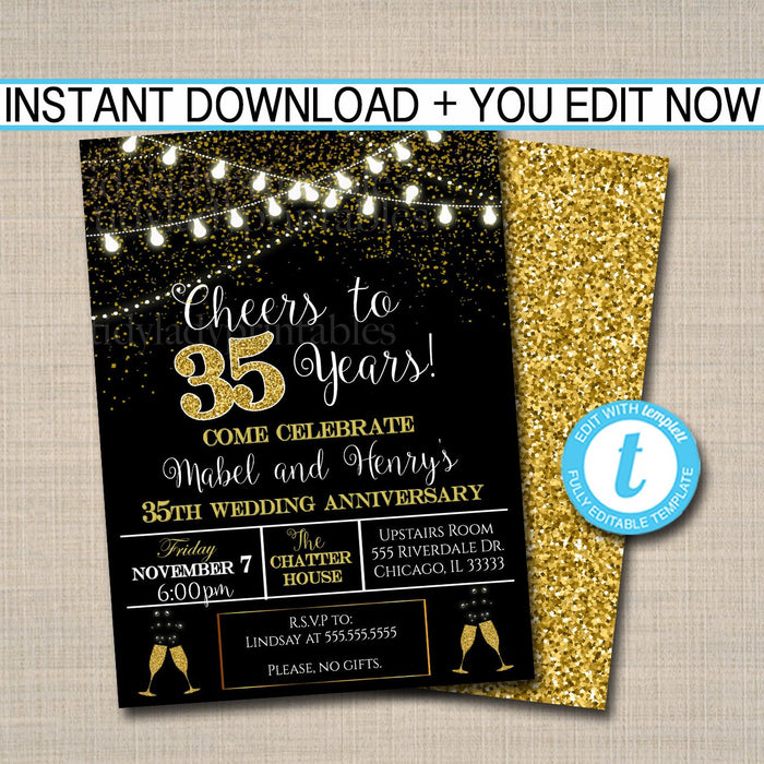 35th Party Invitation, Birthday Printable Cheers to Thirty Five Years,  35th Wedding Anniversary Invite, Black & Gold Party