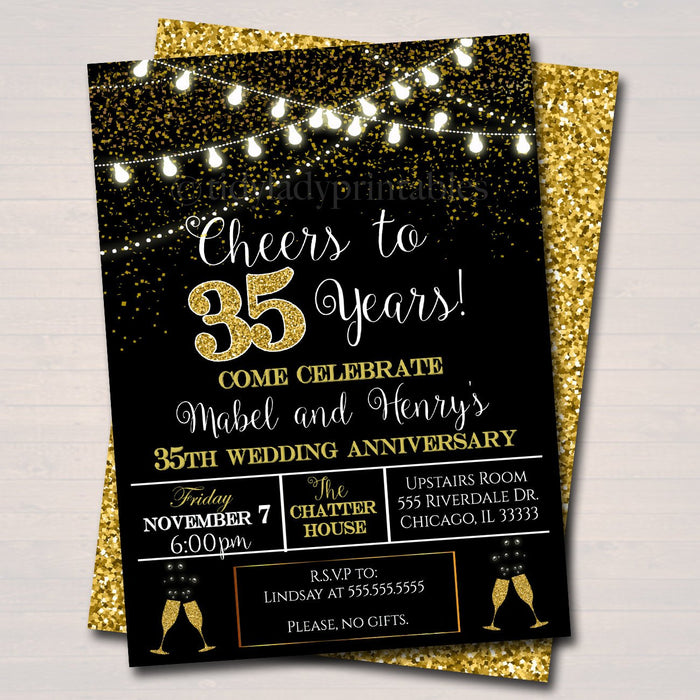 35th Party Invitation, Birthday Printable Cheers to Thirty Five Years,  35th Wedding Anniversary Invite, Black & Gold Party