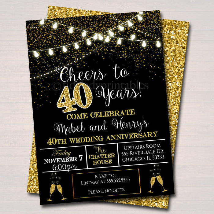 40th Party Invitation, Birthday Printable Cheers to Forty Years,  40th Wedding Anniversary Invite, Black & Gold Party