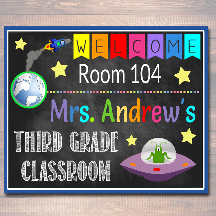 Outer Space Theme Teacher Classroom Door Sign - Editable DIY Template