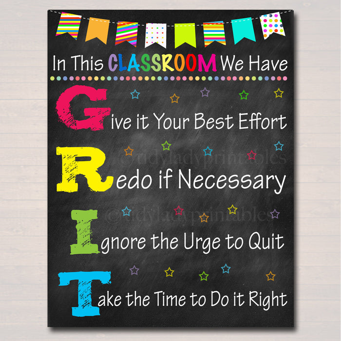 GRIT Acronym Poster, Growth Mindset, , Printable Motivational Wall Art, School Office, Classroom Decor, Teacher Chalkboard