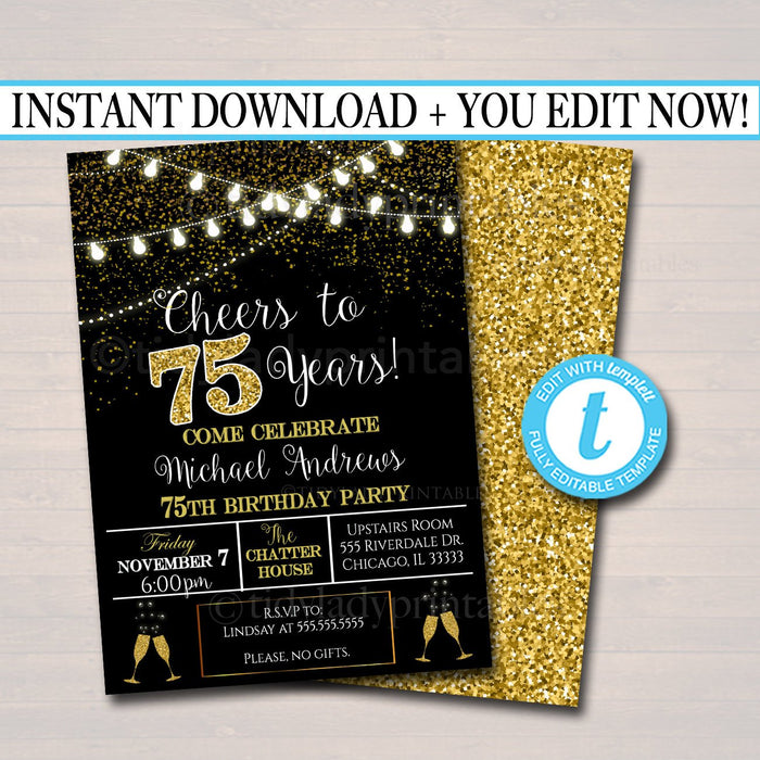 75th Party Invitation, Birthday Printable Cheers to Seventy Five Years,  75th Wedding Anniversary Invite, Black & Gold Party