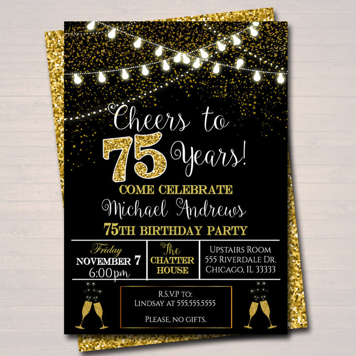 75th Party Invitation, Birthday Printable Cheers to Seventy Five Years,  75th Wedding Anniversary Invite, Black & Gold Party