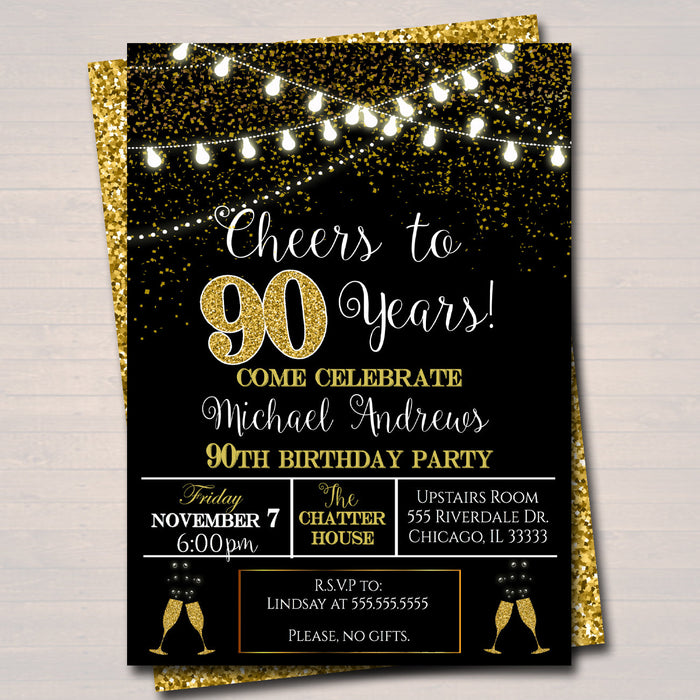 90th Party Invitation, Birthday Printable Cheers to Ninety Years,  90th Company Office Anniversary Invite Black & Gold Party