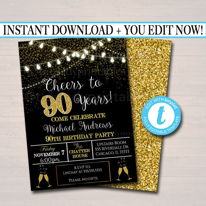 90th Party Invitation, Birthday Printable Cheers to Ninety Years,  90th Company Office Anniversary Invite Black & Gold Party