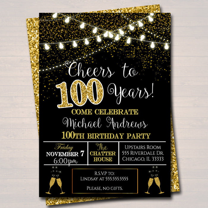 100th Party Invitation, Birthday Printable Cheers to One Hundred Years,  100th Company Office Anniversary Black & Gold Party