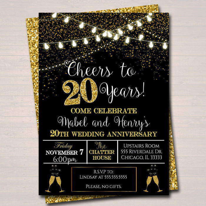 20th Party Invitation, Birthday Printable Cheers to Twenty Years,  20th Wedding Anniversary Invite, Black & Gold Party Decor