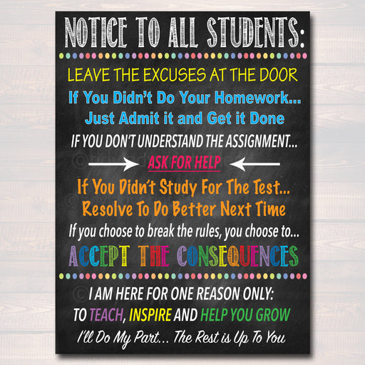 Notice To All Students Classroom Teacher Poster Sign, School Class Rules Digital Art, No Excuses Sign, Consequences Poster INSTANT DOWNLOAD