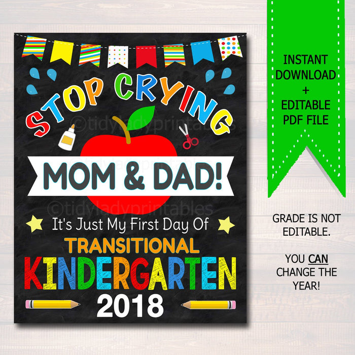 Stop Crying Mom & Dad Back to School Funny Photo Prop, Transitional Kindergarten Boy Chalkboard Sign, 1st Day of TK Prop, INSTANT DOWNLOAD