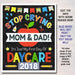 Stop Crying Mom & Dad Back to School Photo Prop, Daycare BOY School Chalkboard Sign, 1st Day of Daycare Sign, Funny Prop, INSTANT DOWNLOAD