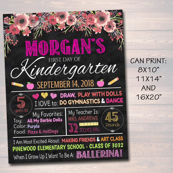 EDITABLE Back to School Photo Prop, Floral Girl Chalkboard Poster, Personalized School Chalkboard Sign, Any Grade Sign 1st Day of School