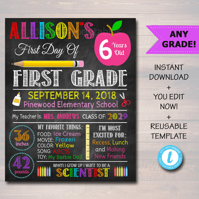 Back to School Sign, First Day of School Chalkboard Poster Personalized School Chalkboard Sign, Any Grade Sign, 1st Day of School, Editable